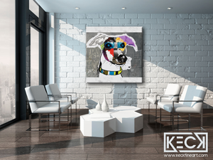 Colorful, abstract greyhound dog art collage by Michel Keck.  Modern Greyhound Art Prints on Canvas