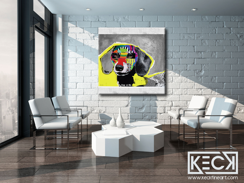 Large, Upscale, Modern Dog Art. The colorful and modern dog art collage works of Michel Keck on fine art canvas prints.
