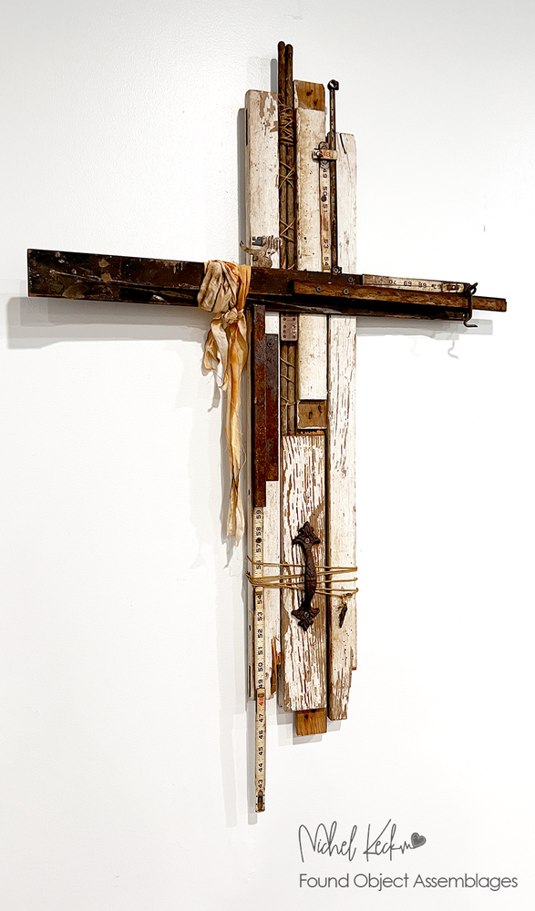 
                
                    Load image into Gallery viewer, assemblage art cross, found object industrial art, junk art
                
            