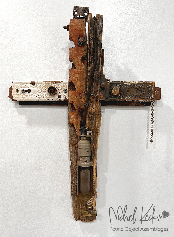found object cross art assemblage by Michel Keck