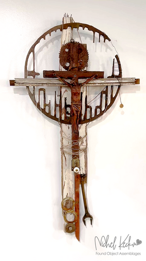 
                
                    Load image into Gallery viewer, Found Object Cross Art Assemblages | Cross &amp;amp; Crucifix Made From Junk Recycled Art
                
            