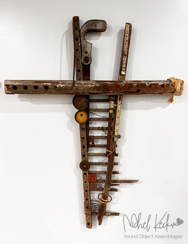 assemblage cross art made of found objects