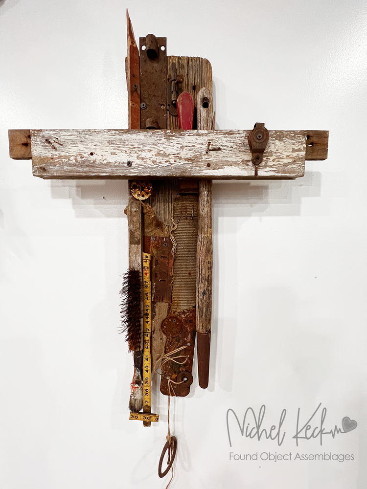 altered found object cross, altered recycled assemblage art