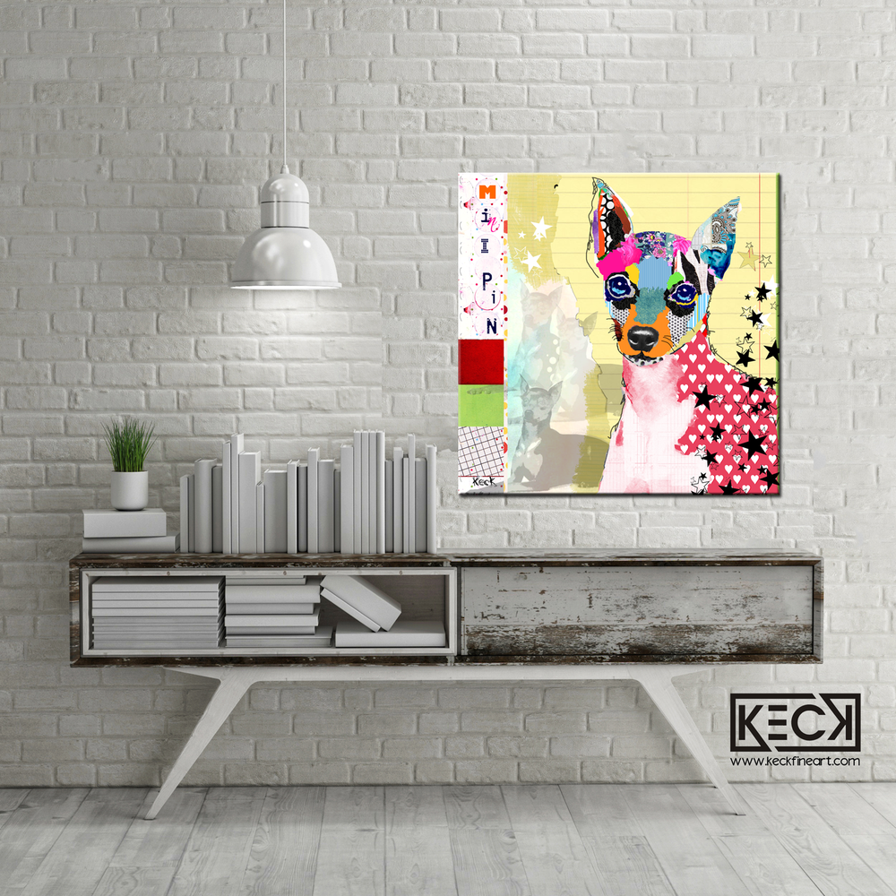 
                
                    Load image into Gallery viewer, Mini Pin art.  Dog art canvas prints of miniature pinschers. Colorful Mini Pin artwork.  Have a pet portrait of your miniature pinscher collected. 
                
            