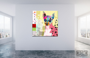 Colorful Mini Pin Pop Art.  Miniature Pinscher Collage Art.  Canvas dog art prints of mini pins.  