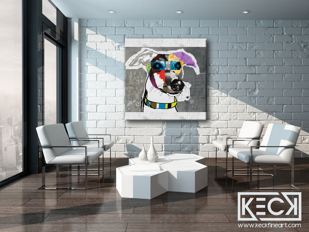 
                
                    Load image into Gallery viewer, Colorful, abstract greyhound dog art collage by Michel Keck.  Modern Greyhound Art Prints on Canvas
                
            