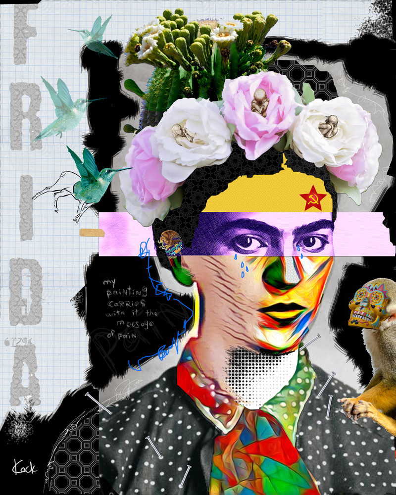 Frida Kahlo canvas art prints.  Abstract Frida Kahlo pop art collage by Michel Keck