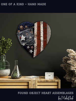 Found Object Art  <br>American Flag Heart Assemblage
