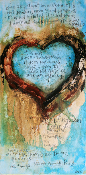 
                
                    Load image into Gallery viewer, SCRIPTURE ART 061632 I Corinthians 13 Abstract Heart Art Print With Bible Verse Love Never Fails
                
            