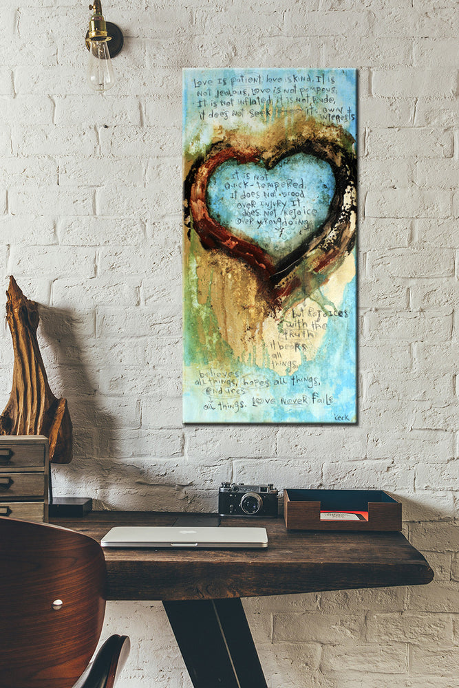 
                
                    Load image into Gallery viewer, SCRIPTURE ART 061632 I Corinthians 13 Abstract Heart Art Print With Bible Verse Love Never Fails
                
            