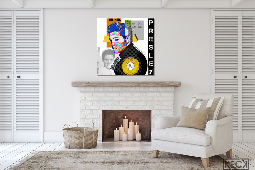 
                
                    Load image into Gallery viewer, Colorful Abstract Elvis Presley Mixed Media Collage Art Print
                
            