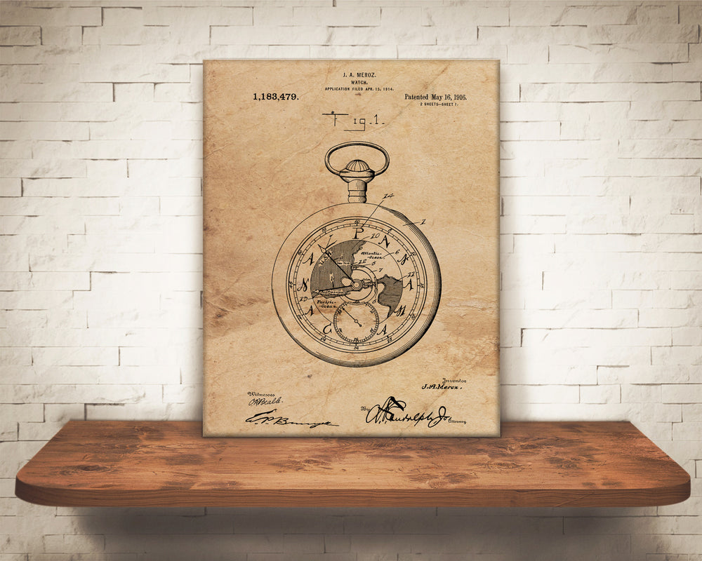 VINTAGE PATENT DRAWING of Pocketwatch Canvas Print